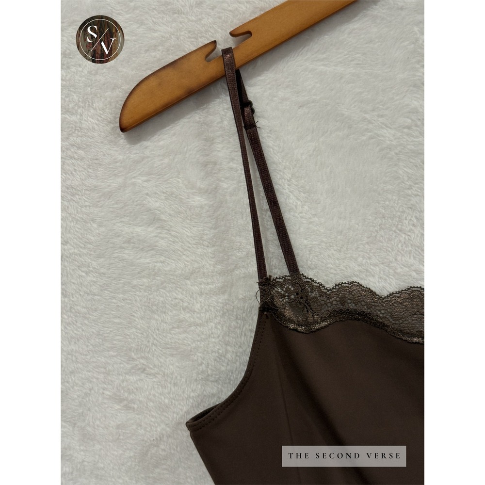 Lace Trim Cami Women Coquette Whimsygoth Adjustable Strap Brown S - Picture 3 of 9